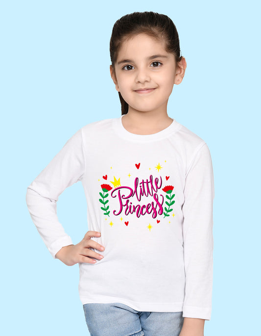 NUSYL Cotton blend full sleeves Flower & little princess text Printed Tee-White