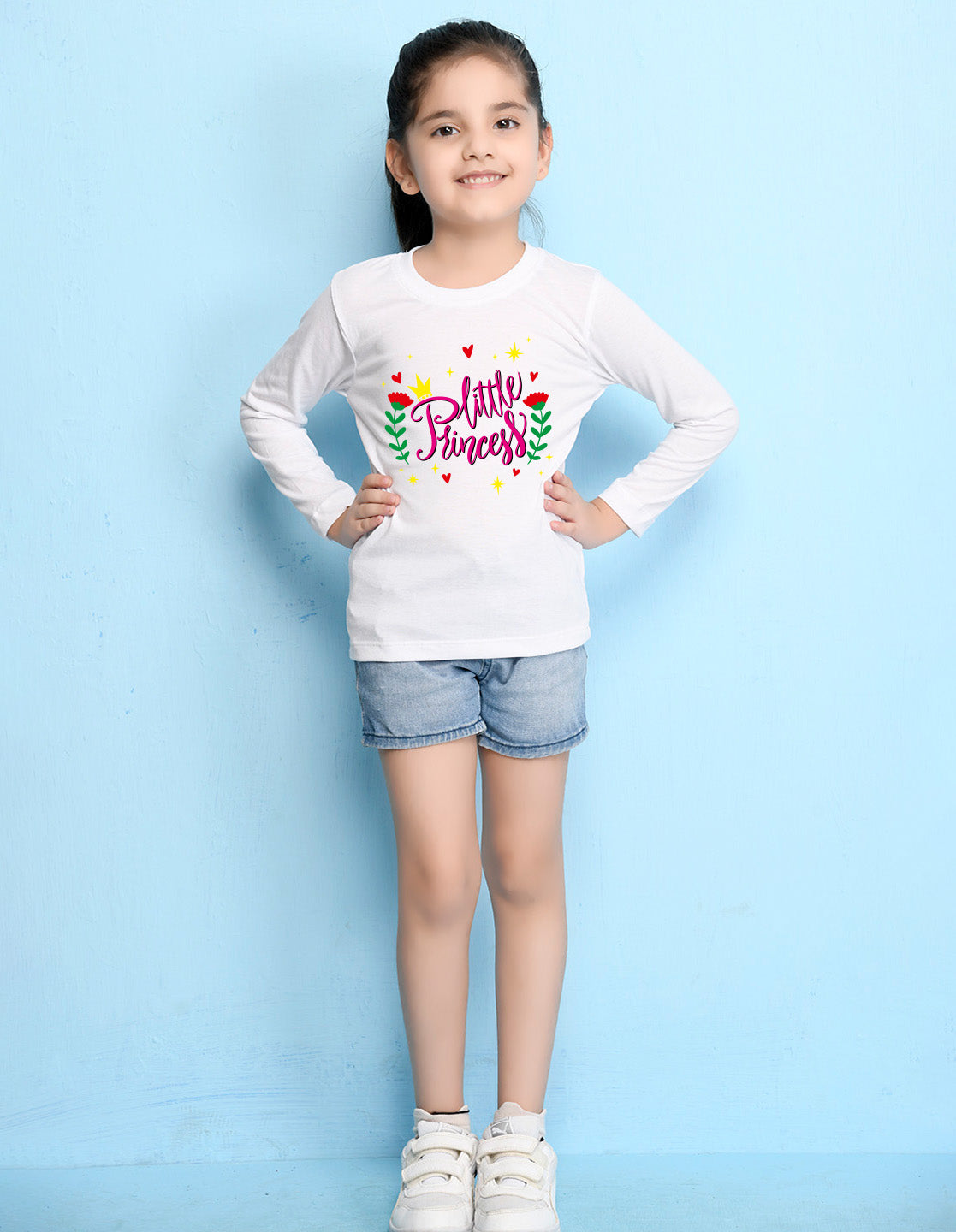 NUSYL Cotton blend full sleeves Flower & little princess text Printed Tee-White