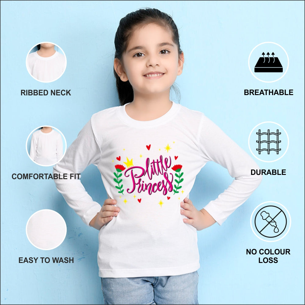 NUSYL Cotton blend full sleeves Flower & little princess text Printed Tee-White