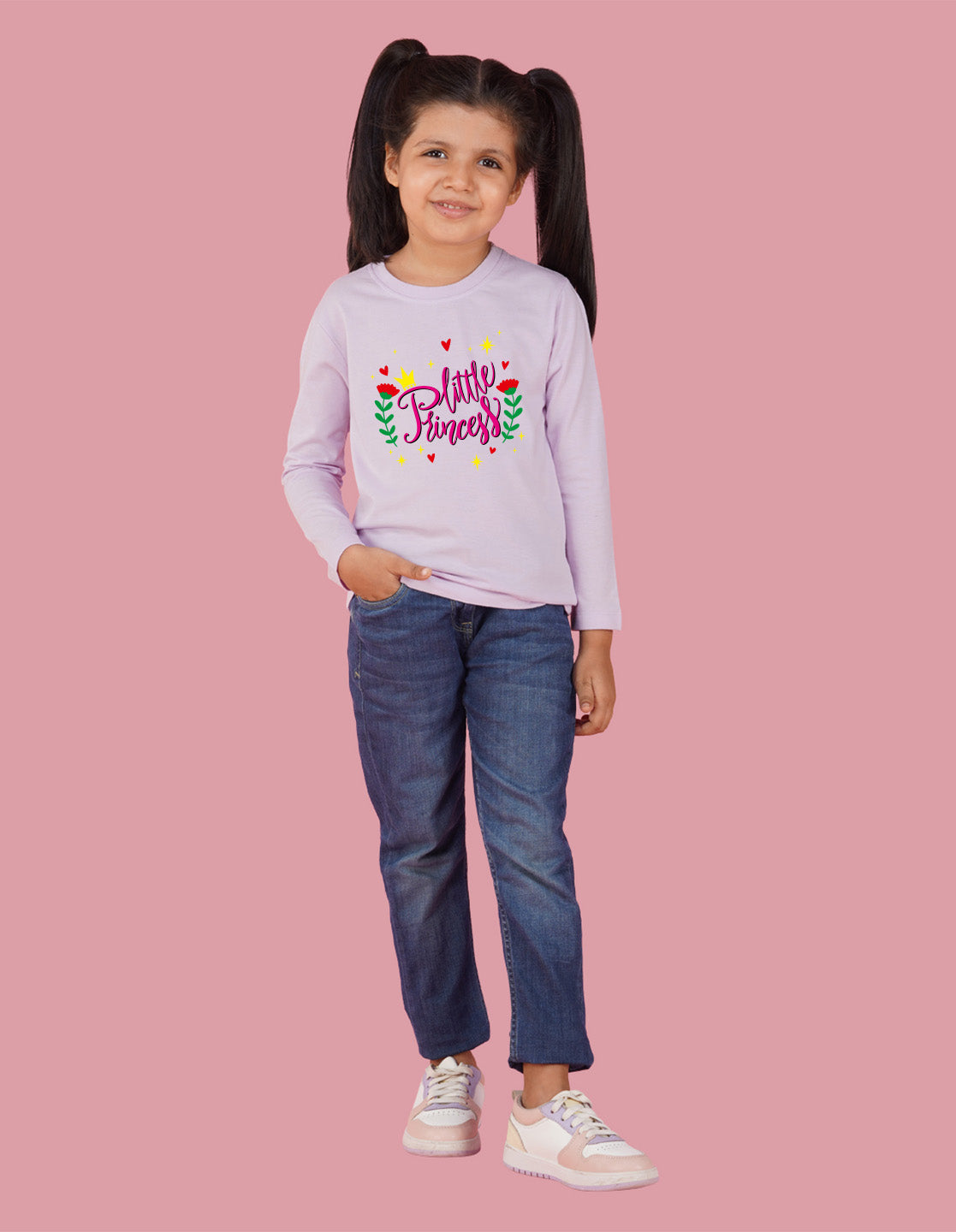 NUSYL Cotton blend full sleeves Flower & little princess text Printed Tee-Lilac