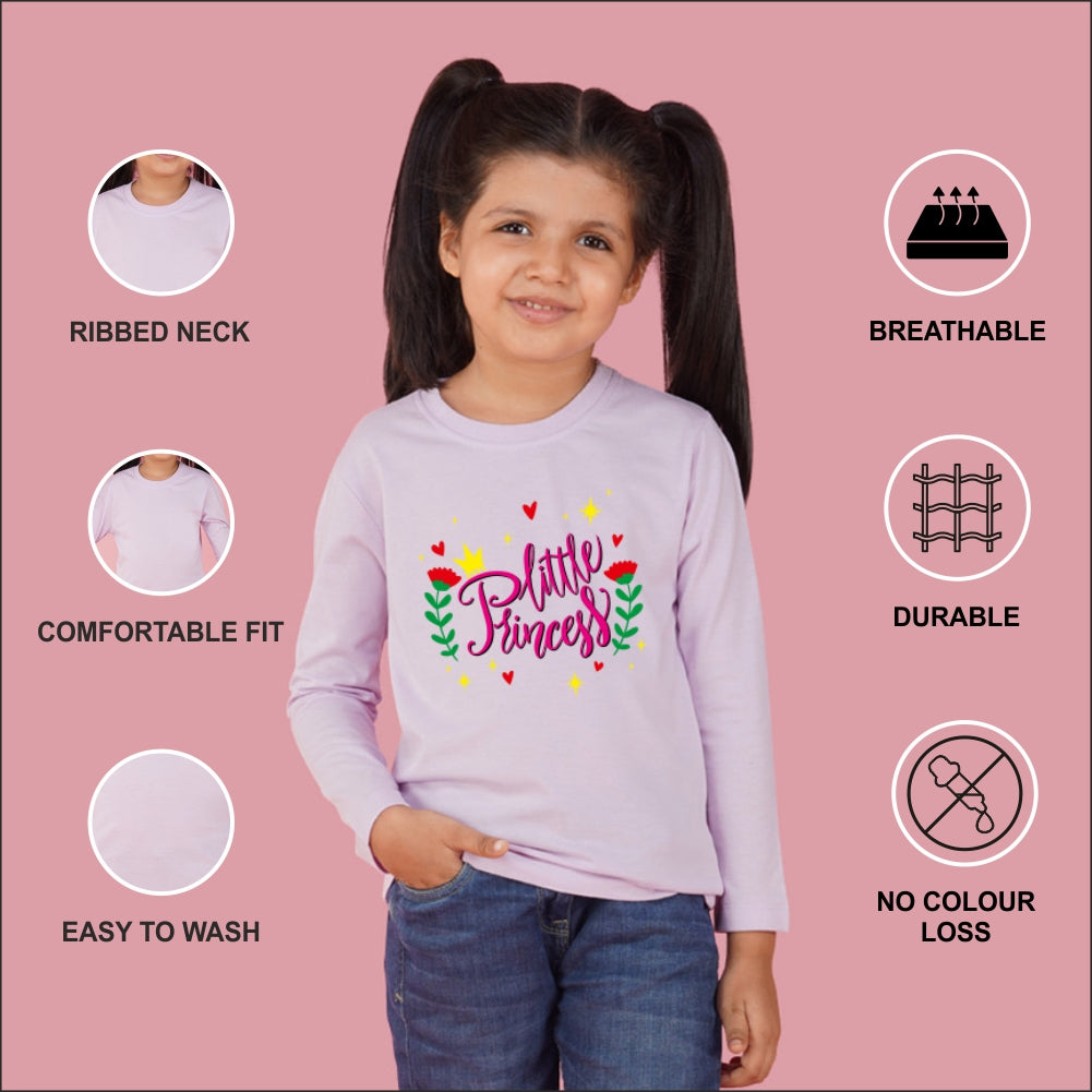 NUSYL Cotton blend full sleeves Flower & little princess text Printed Tee-Lilac