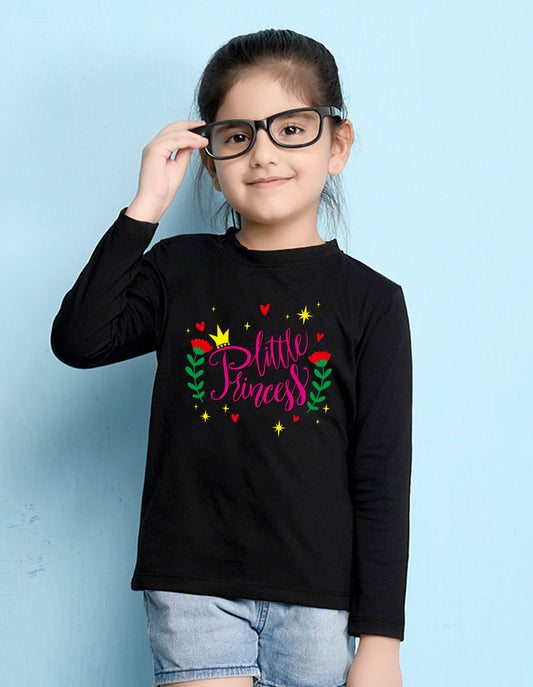 NUSYL Cotton blend full sleeves Flower & little princess text Printed Tee-Black