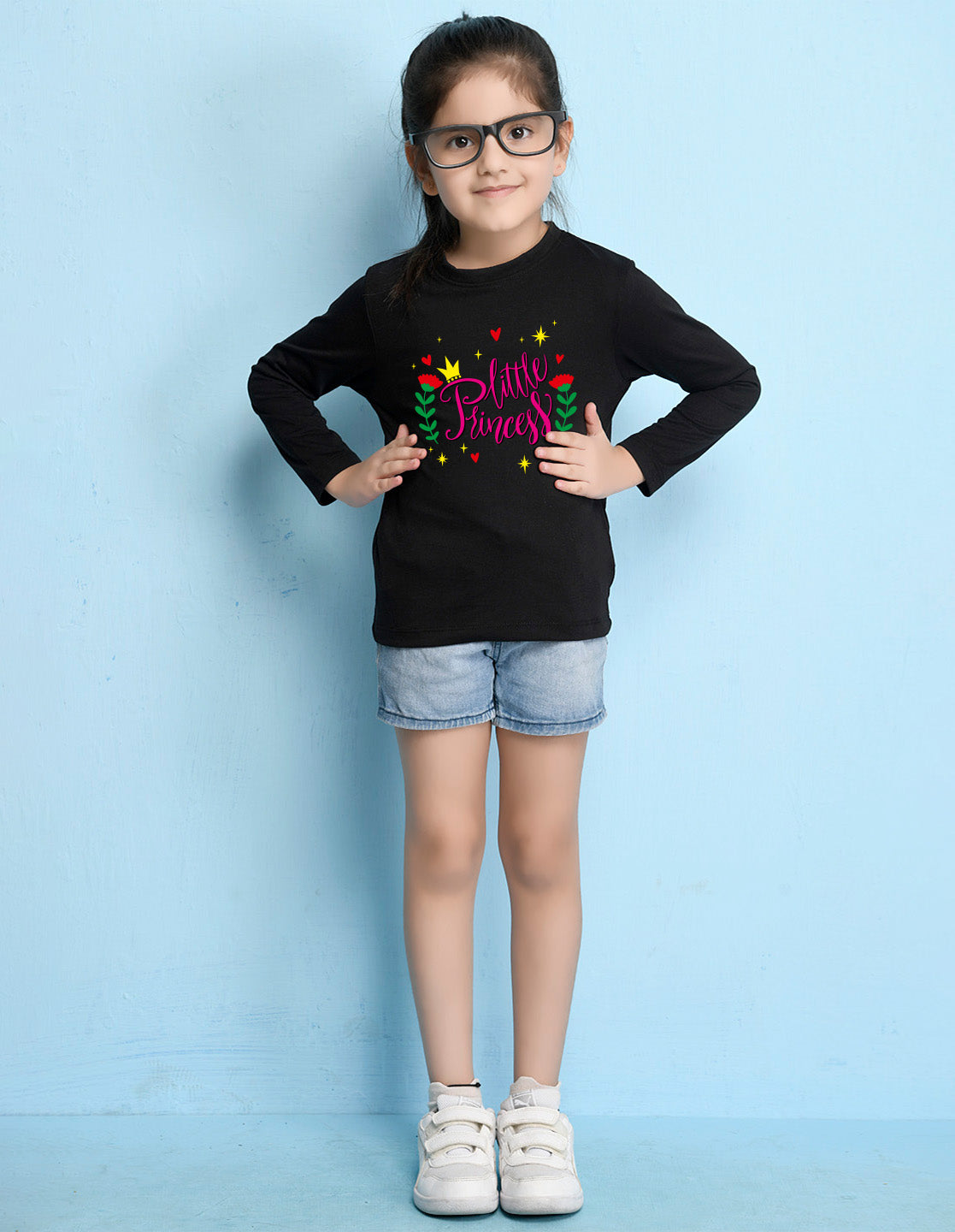 NUSYL Cotton blend full sleeves Flower & little princess text Printed Tee-Black