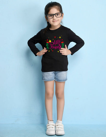 NUSYL Cotton blend full sleeves Flower & little princess text Printed Tee-Black