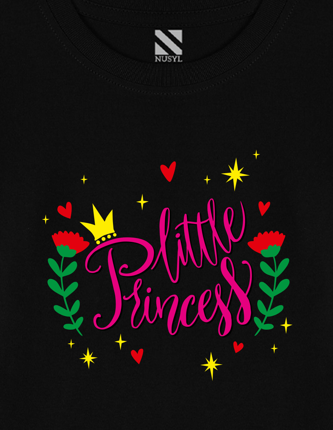 NUSYL Cotton blend full sleeves Flower & little princess text Printed Tee-Black