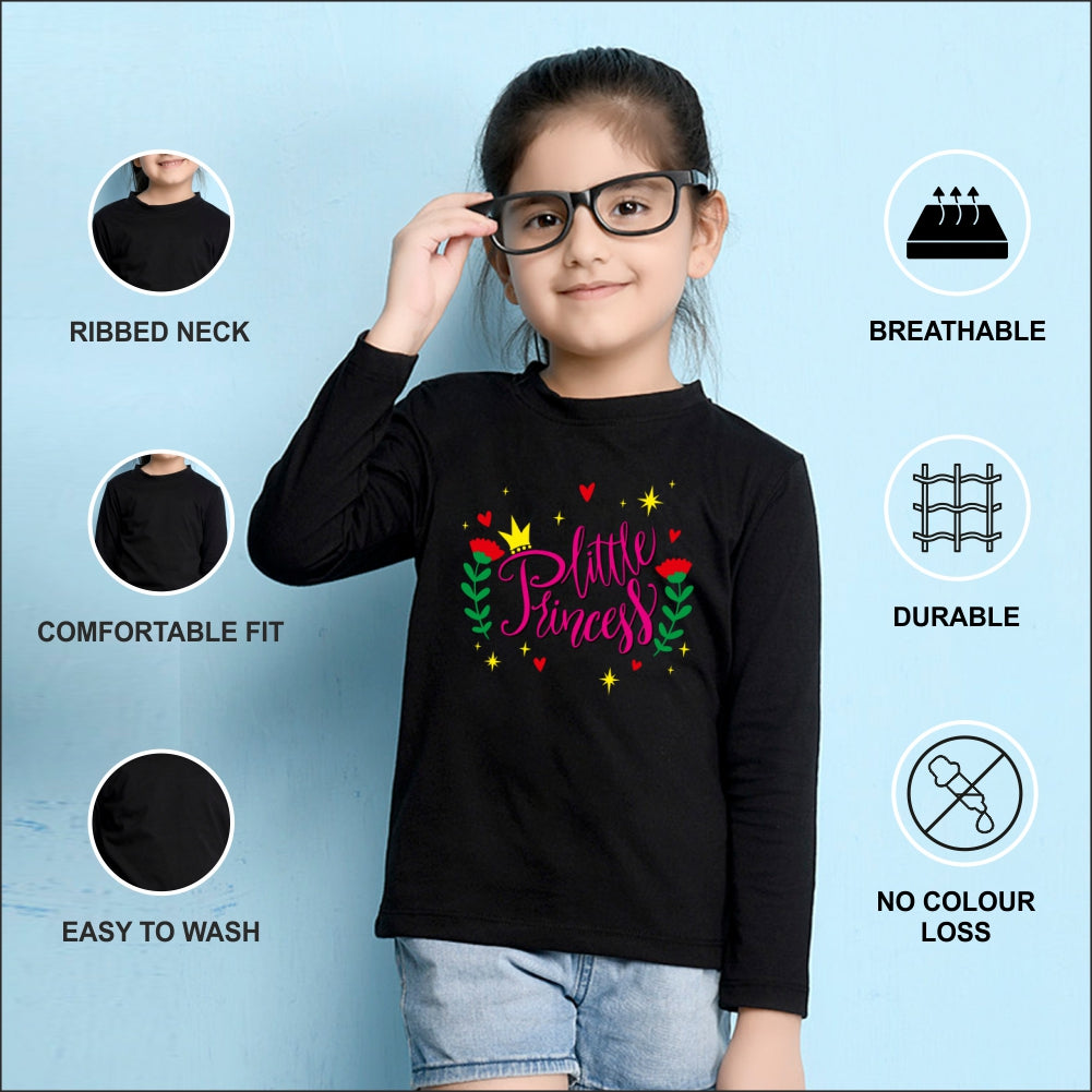NUSYL Cotton blend full sleeves Flower & little princess text Printed Tee-Black
