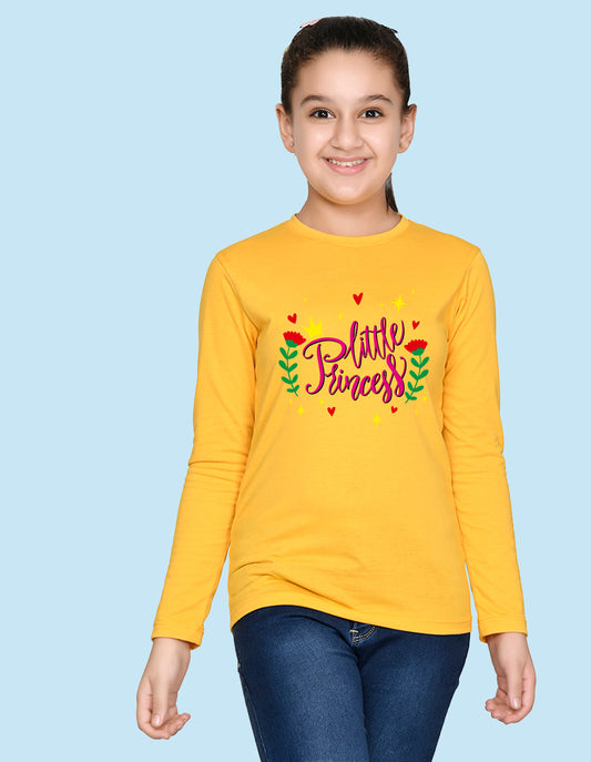 NUSYL Cotton blend full sleeves Flower & little princess text Printed Tee-Yellow