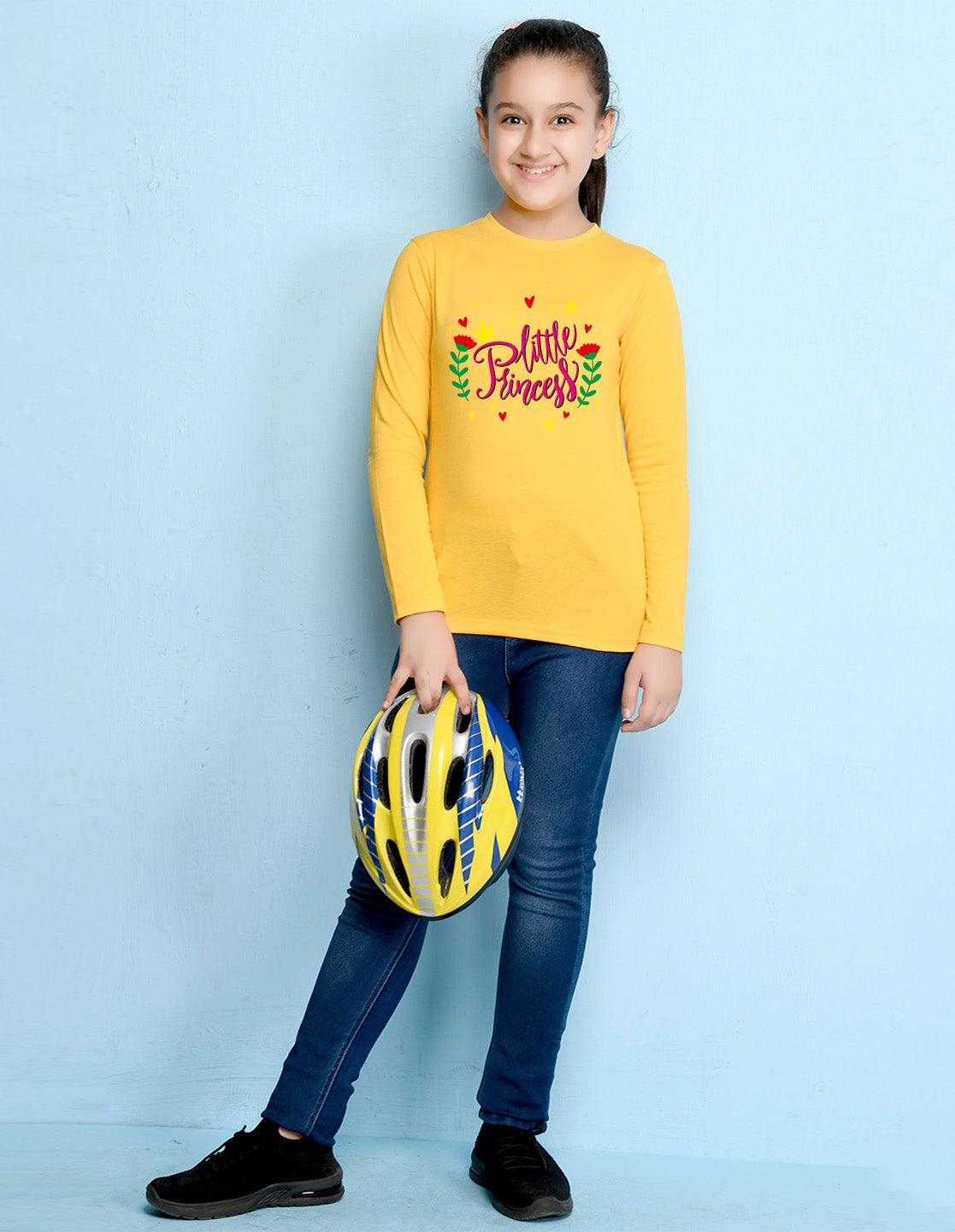 NUSYL Cotton blend full sleeves Flower & little princess text Printed Tee-Yellow