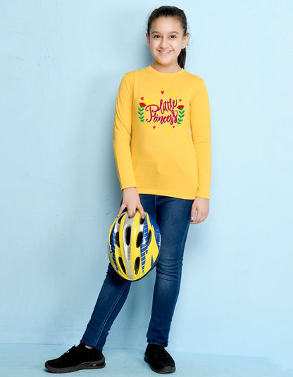NUSYL Cotton blend full sleeves Flower & little princess text Printed Tee-Yellow
