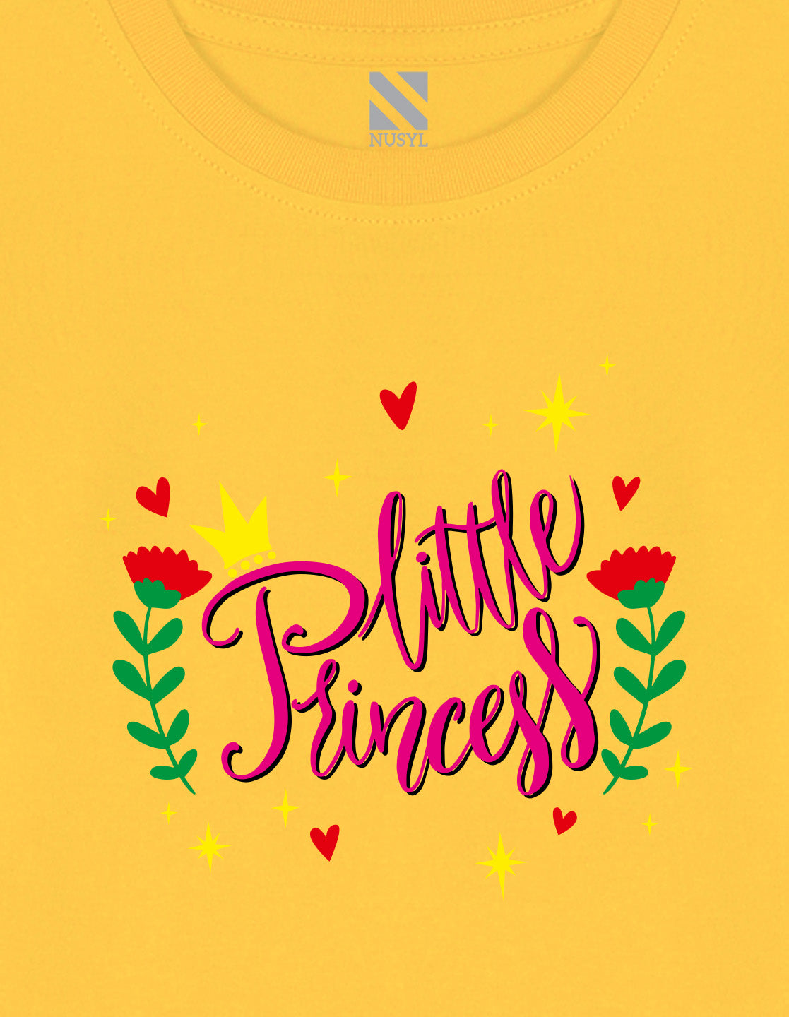NUSYL Cotton blend full sleeves Flower & little princess text Printed Tee-Yellow