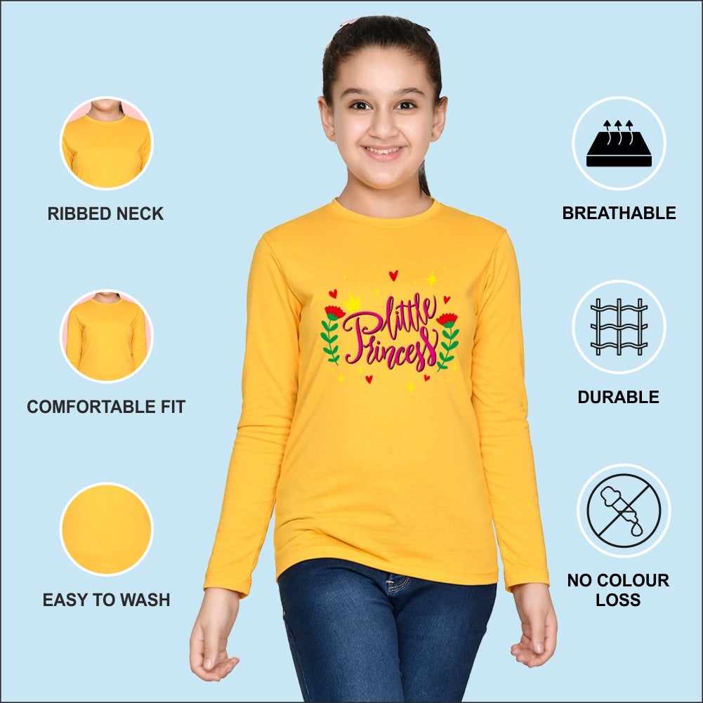 NUSYL Cotton blend full sleeves Flower & little princess text Printed Tee-Yellow