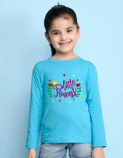 NUSYL Cotton blend full sleeves Flower & little princess text Printed Tee-Sky Blue