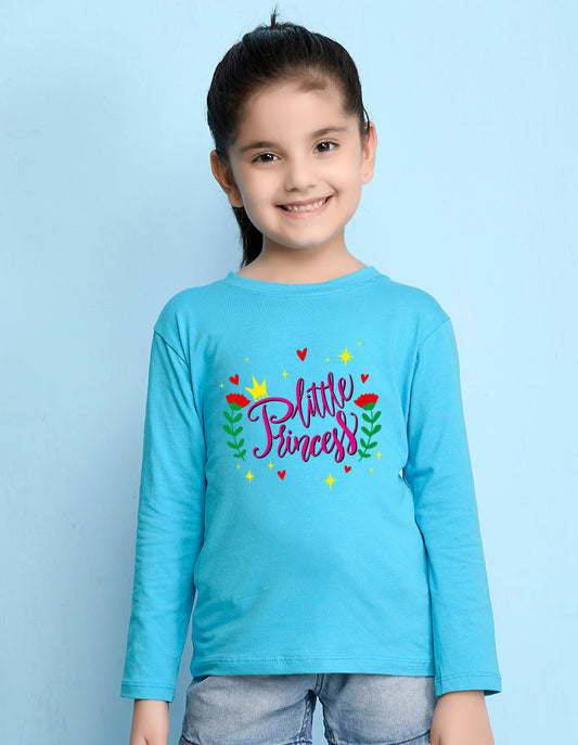 NUSYL Cotton blend full sleeves Flower & little princess text Printed Tee-Sky Blue