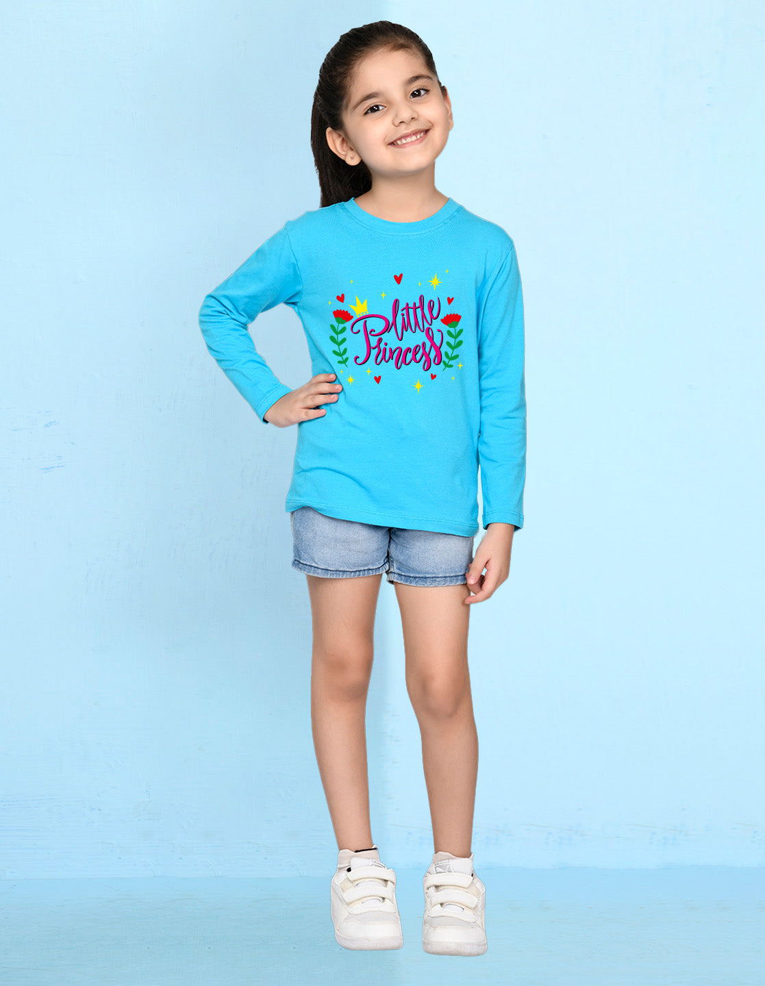 NUSYL Cotton blend full sleeves Flower & little princess text Printed Tee-Sky Blue