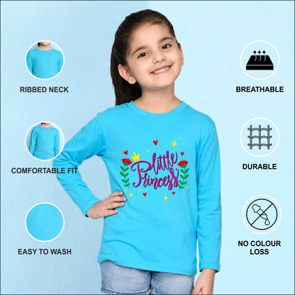 NUSYL Cotton blend full sleeves Flower & little princess text Printed Tee-Sky Blue