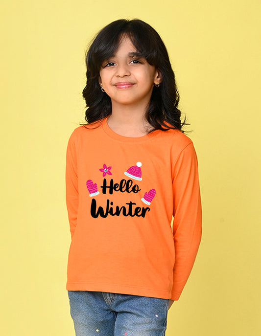 NUSYL Cotton blend full sleeves Hello winter text Printed Tee-Orange