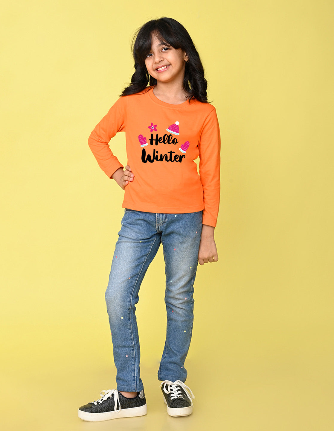 NUSYL Cotton blend full sleeves Hello winter text Printed Tee-Orange