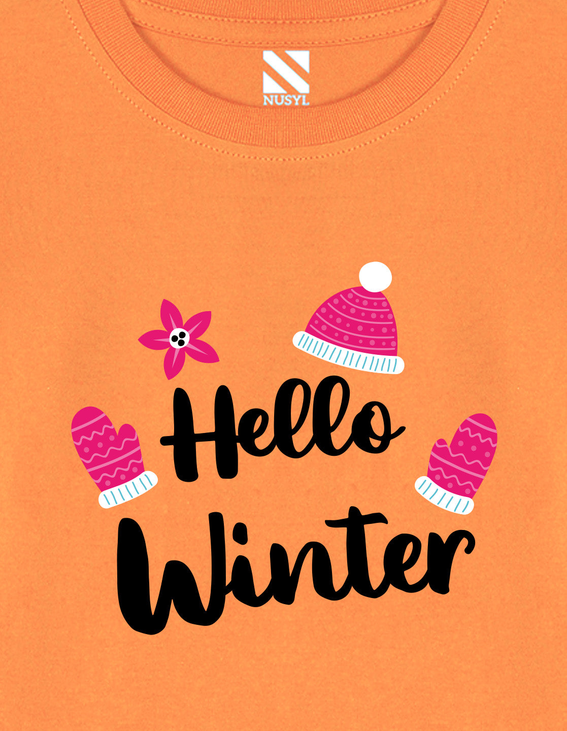 NUSYL Cotton blend full sleeves Hello winter text Printed Tee-Orange