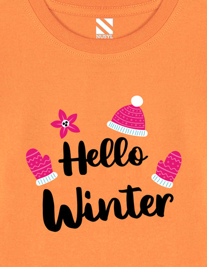 NUSYL Cotton blend full sleeves Hello winter text Printed Tee-Orange