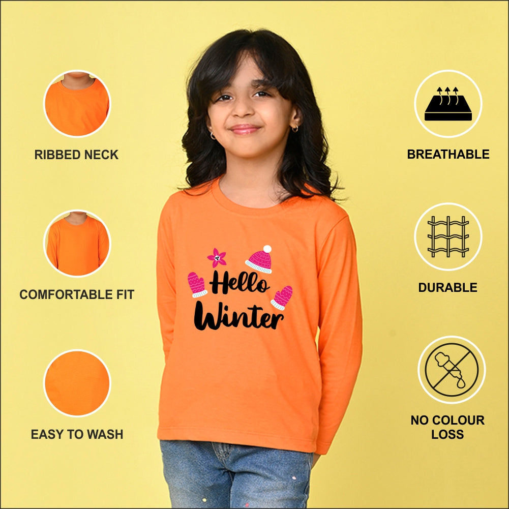 NUSYL Cotton blend full sleeves Hello winter text Printed Tee-Orange