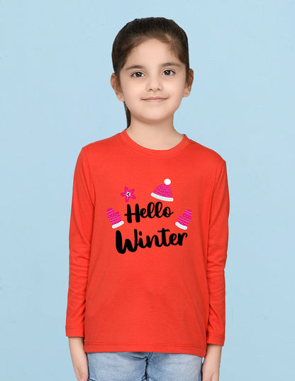 NUSYL Cotton blend full sleeves Hello winter text Printed Tee-Red