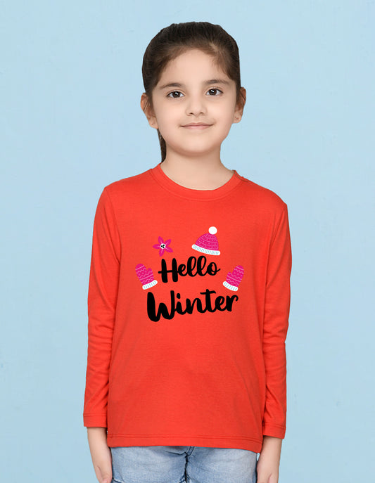 NUSYL Cotton blend full sleeves Hello winter text Printed Tee-Red