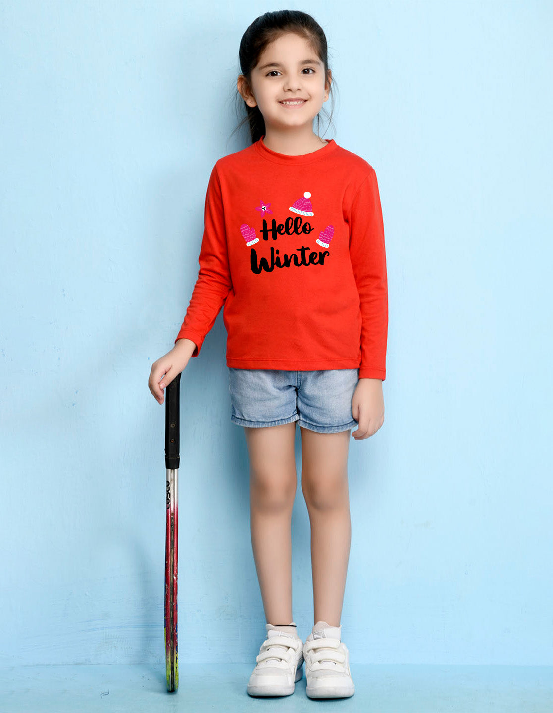 NUSYL Cotton blend full sleeves Hello winter text Printed Tee-Red