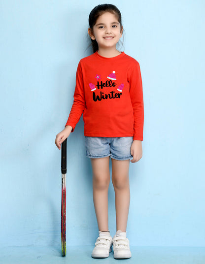 NUSYL Cotton blend full sleeves Hello winter text Printed Tee-Red