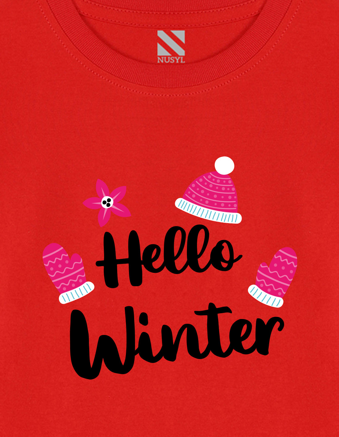 NUSYL Cotton blend full sleeves Hello winter text Printed Tee-Red