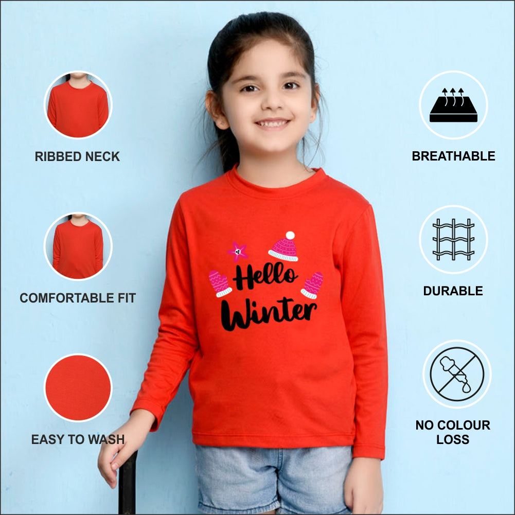 NUSYL Cotton blend full sleeves Hello winter text Printed Tee-Red