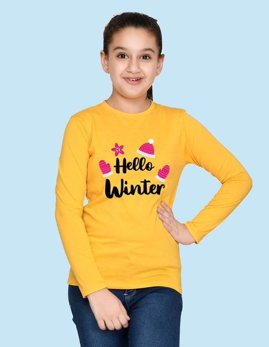 NUSYL Cotton blend full sleeves Hello winter text Printed Tee-Yellow