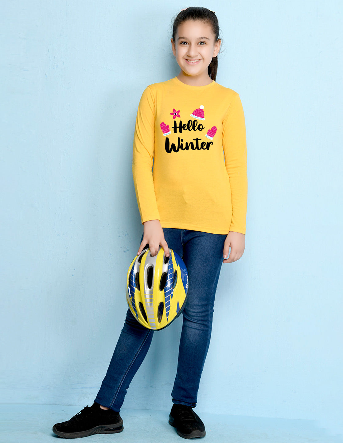 NUSYL Cotton blend full sleeves Hello winter text Printed Tee-Yellow