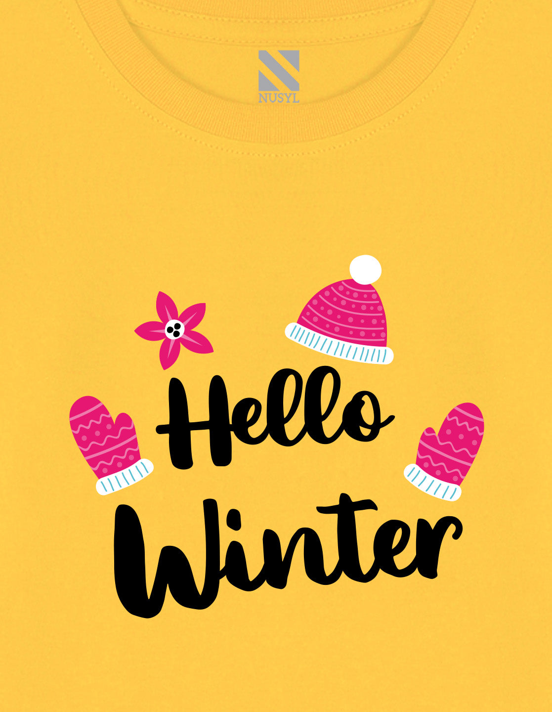 NUSYL Cotton blend full sleeves Hello winter text Printed Tee-Yellow