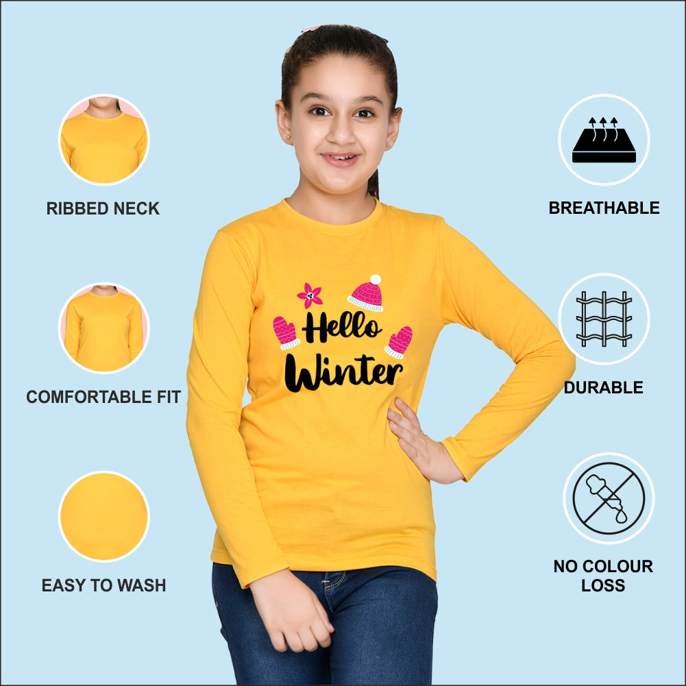 NUSYL Cotton blend full sleeves Hello winter text Printed Tee-Yellow