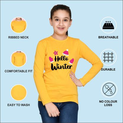 NUSYL Cotton blend full sleeves Hello winter text Printed Tee-Yellow