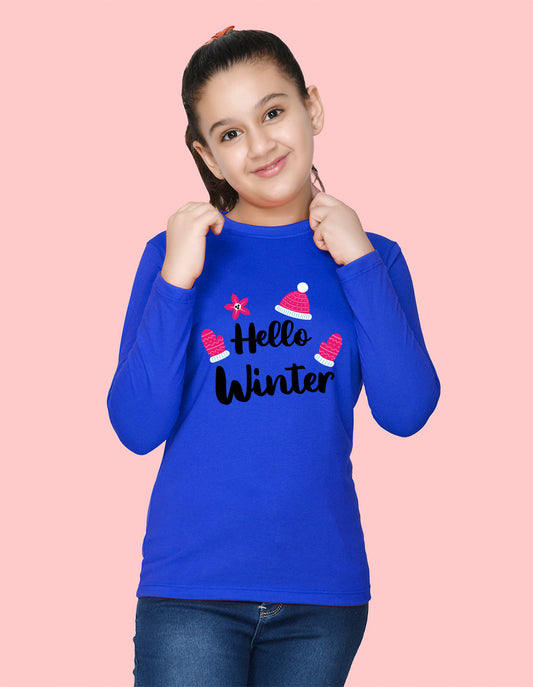 NUSYL Cotton blend full sleeves Hello winter text Printed Tee-Royal Blue
