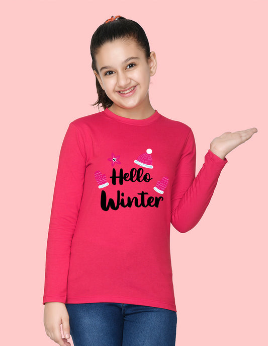 NUSYL Cotton blend full sleeves Hello winter text Printed Tee-Hot Pink