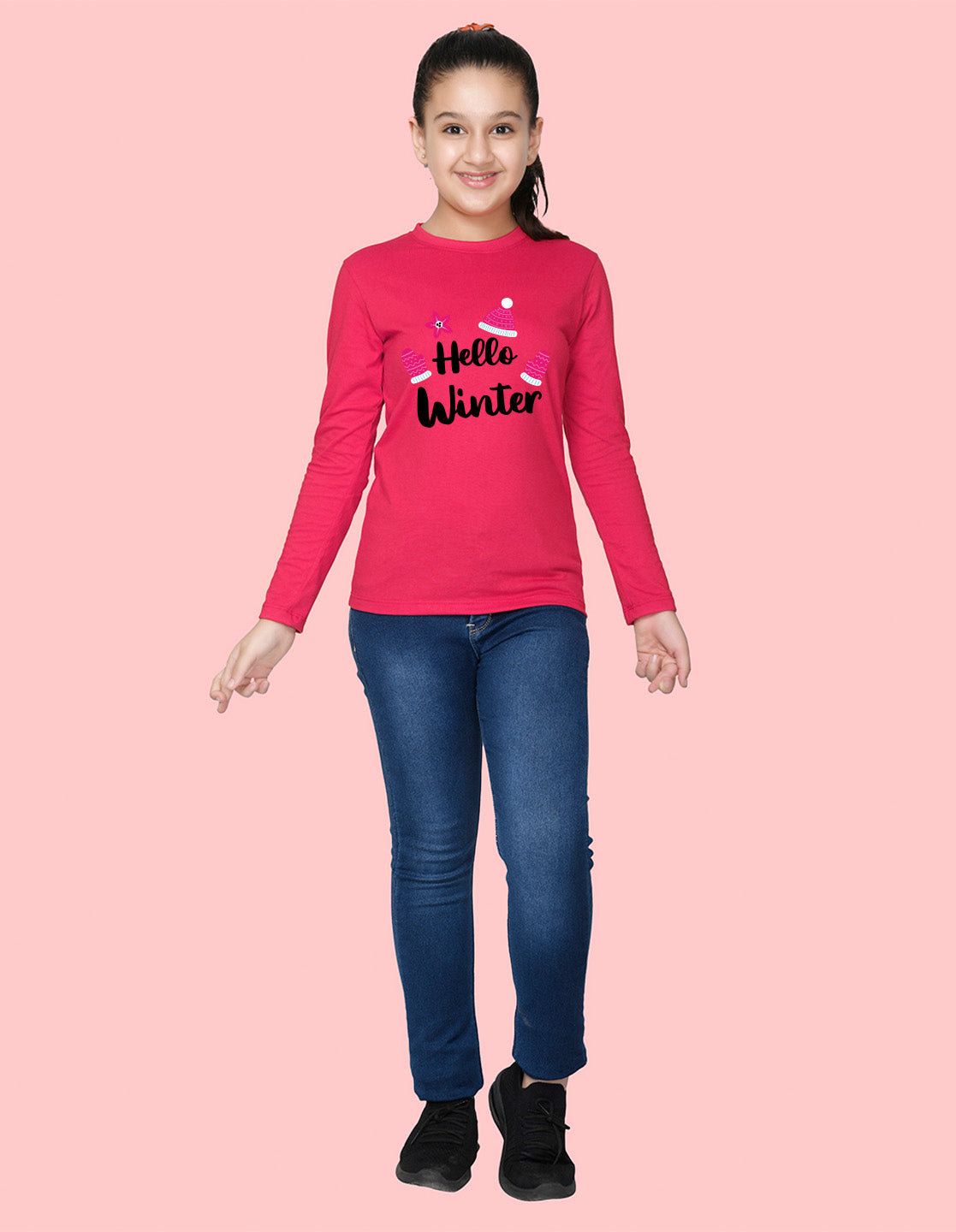 NUSYL Cotton blend full sleeves Hello winter text Printed Tee-Hot Pink