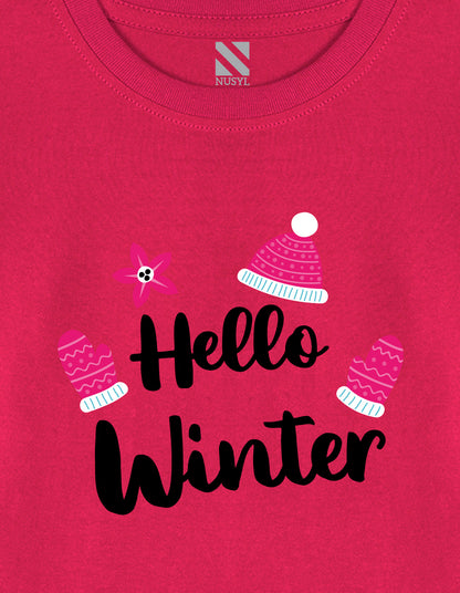 NUSYL Cotton blend full sleeves Hello winter text Printed Tee-Hot Pink