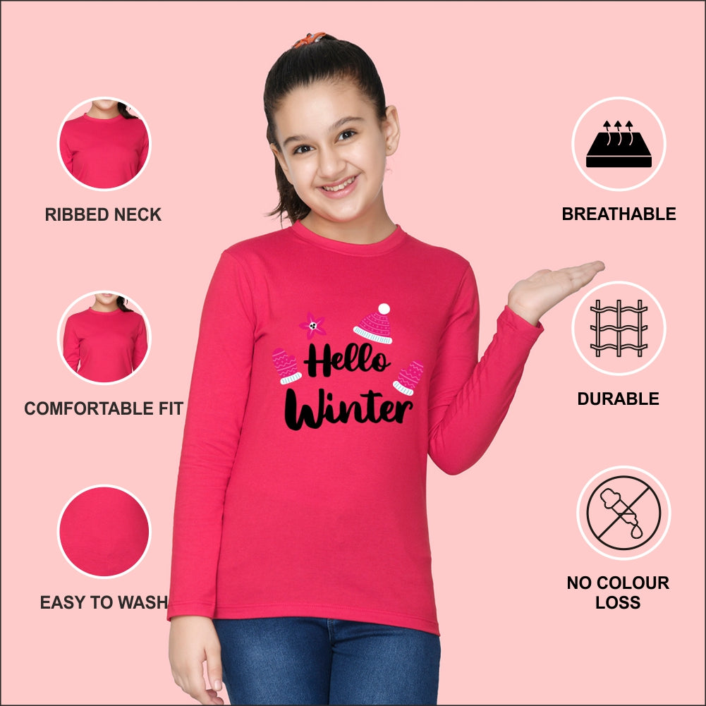 NUSYL Cotton blend full sleeves Hello winter text Printed Tee-Hot Pink