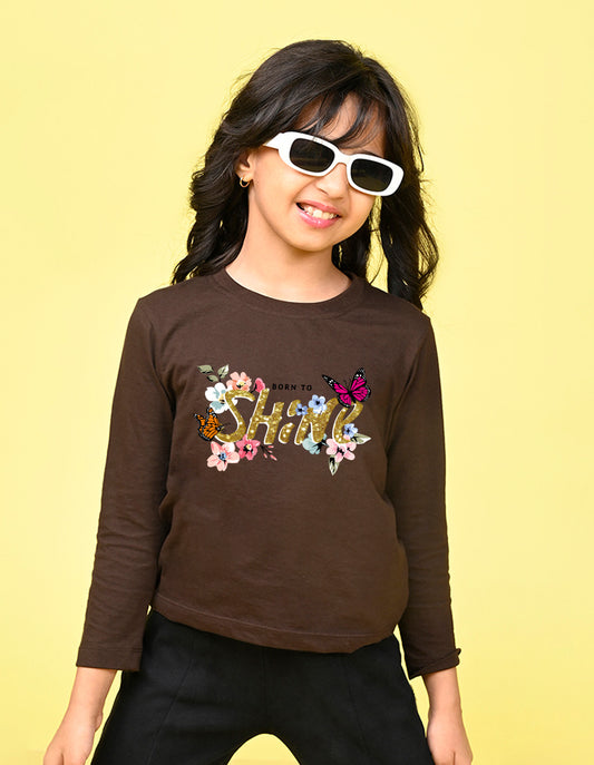 NUSYL Cotton blend full sleeves Born to shine text  Printed Tee-Brown