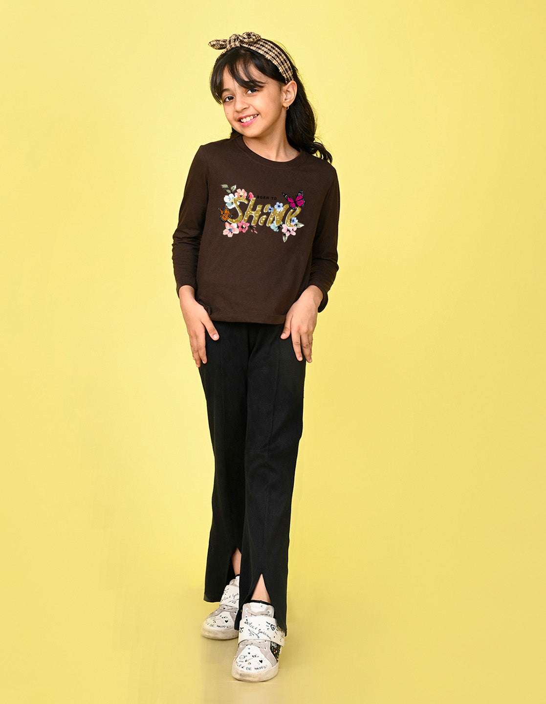 NUSYL Cotton blend full sleeves Born to shine text  Printed Tee-Brown