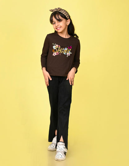 NUSYL Cotton blend full sleeves Born to shine text  Printed Tee-Brown