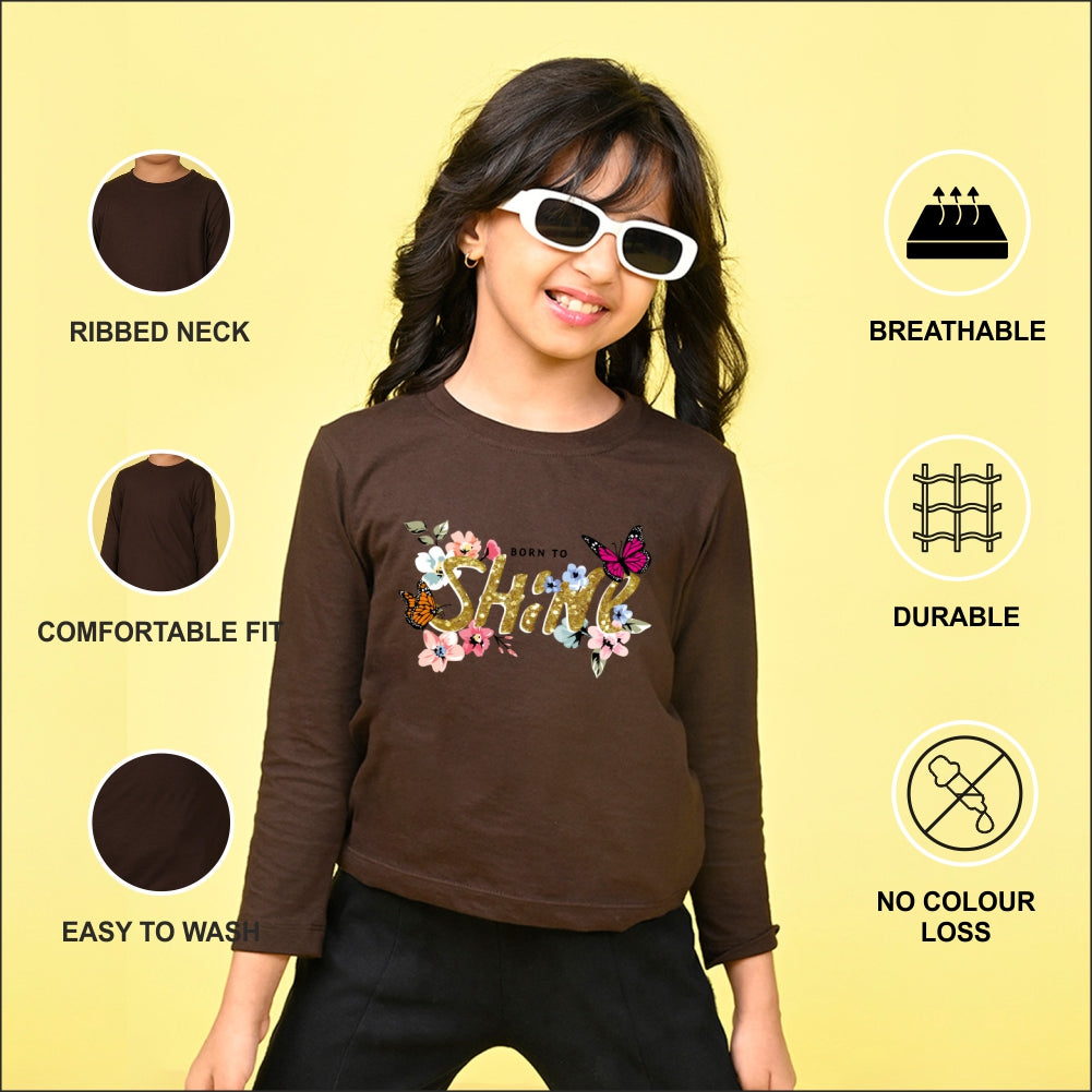 NUSYL Cotton blend full sleeves Born to shine text  Printed Tee-Brown