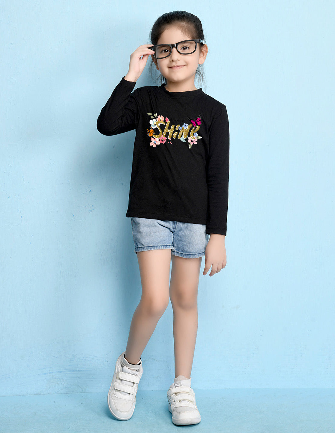 NUSYL Cotton blend full sleeves Born to shine text  Printed Tee-Black