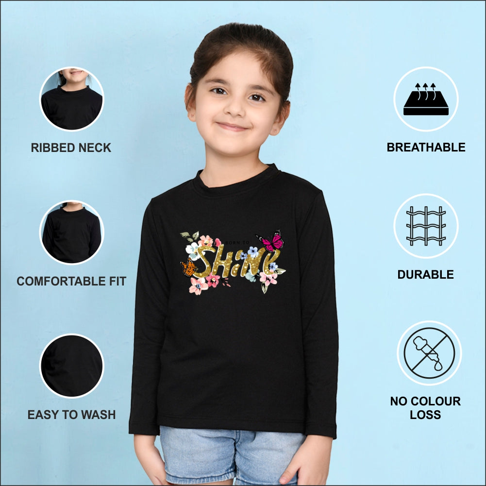 NUSYL Cotton blend full sleeves Born to shine text  Printed Tee-Black