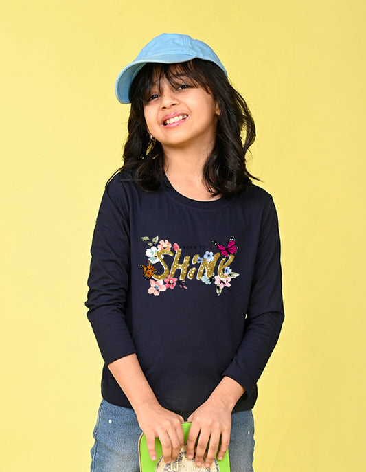 NUSYL Cotton blend full sleeves Born to shine text  Printed Tee-Navy Blue