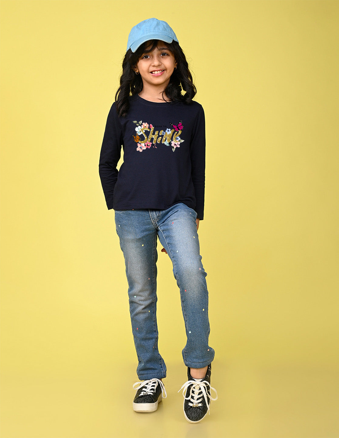 NUSYL Cotton blend full sleeves Born to shine text  Printed Tee-Navy Blue