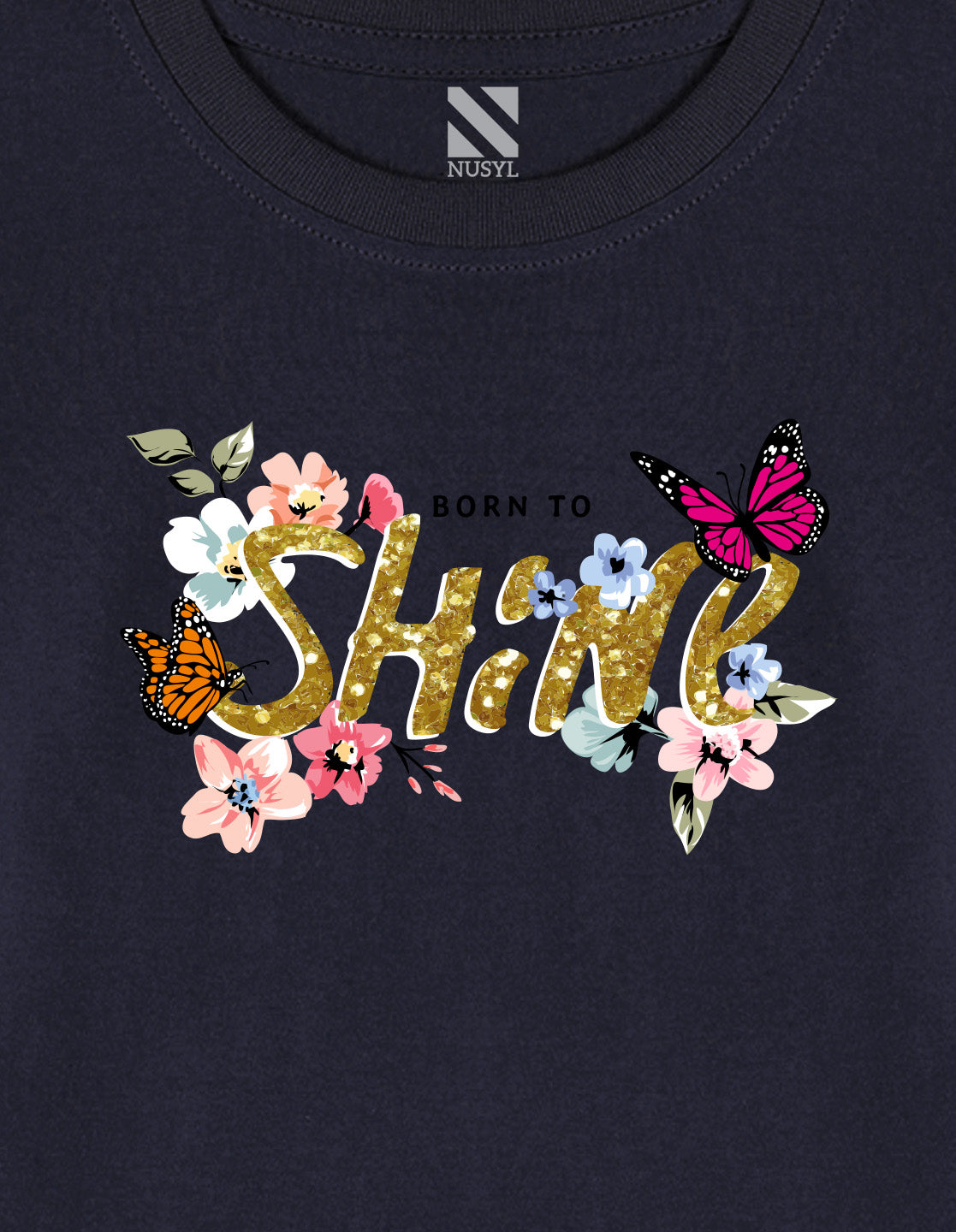 NUSYL Cotton blend full sleeves Born to shine text  Printed Tee-Navy Blue