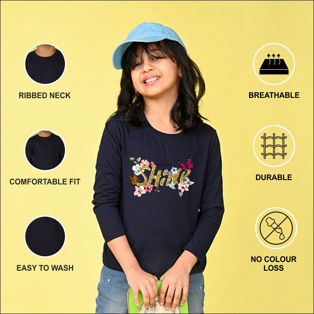NUSYL Cotton blend full sleeves Born to shine text  Printed Tee-Navy Blue